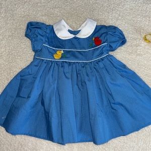 Vintage Jayne Copeland blue dress, red and yellow bird appliqués 90s. EUC. Sz 2T